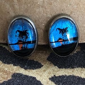 VTG 1950s Sterling Palm Tree Earrings Morphos Butterfly Wings Screw Back